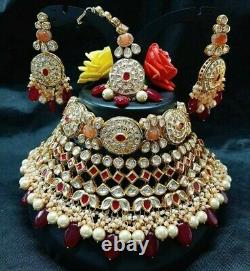 Bollywood Or Plaqué Indien Big Kundan Collier Boucles D'oreilles Bijoux Choker Bridal2