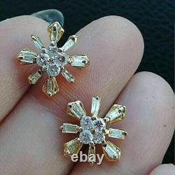 Boucle d'oreille à tige en forme de fleur en diamant simulé à taille ronde pour femme, plaqué or jaune 14 carats