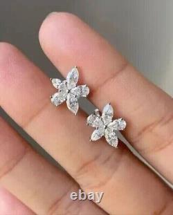 Boucle d'oreille à tige pour femme en forme de fleur avec diamant simulé de 2 ct, coupe poire, plaqué or blanc 14 carats.