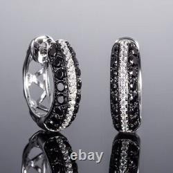 Boucle d'oreille créole pour femme en diamant noir simulé de 2 carats, coupe ronde, plaqué or blanc 14 carats