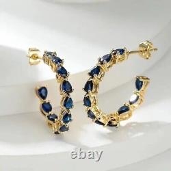 Boucle d'oreille en or jaune plaqué 14 carats avec saphir bleu simulé de taille poire pour femme