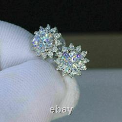 Boucles D'oreilles 3ct Ronde Brillante Simulées Diamant Halo Stud 14k Plaqué Or Blanc