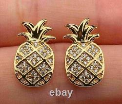 Boucles d'oreilles clous ananas en diamant simulé taille ronde en plaqué or jaune 14 carats