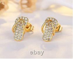 Boucles d'oreilles clous en forme de pantoufles pour femmes, en diamants simulés taille ronde, plaquées or jaune 14 carats