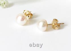 Boucles d'oreilles clous pour femmes en perles naturelles de coupe ronde de 2 carats, plaquées or jaune 14 carats sur argent.