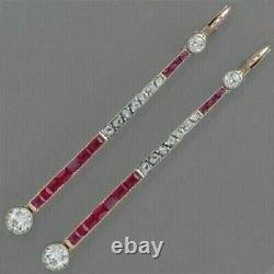 Boucles d'oreilles pendantes Art Déco en rubis rouge simulé taille émeraude plaquées or jaune 14 carats