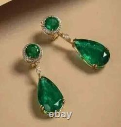 Boucles d'oreilles pendantes en émeraude naturelle de 3,50 carats en forme de poire plaquées or jaune 14K