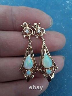 Boucles d'oreilles pendantes en opale de feu véritable, coupe poire de 2,50 carats, plaquées or jaune 14 carats