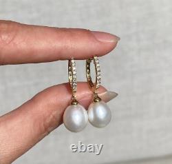 Boucles d'oreilles pendantes en perle naturelle de 2,50 carats, taille ronde, plaquées or jaune 14 carats