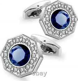 Boutons de manchette pour homme en saphir bleu taillé rond de 2,50 carats créés en laboratoire, plaqués or blanc 14 carats