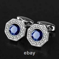 Boutons de manchette pour homme en saphir bleu taillé rond de 2,50 carats créés en laboratoire, plaqués or blanc 14 carats