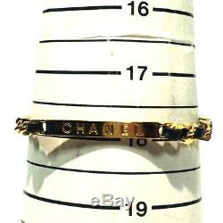 Bracelet Authentique Chanel CC Or Cuir Métal Plaqué Noir Coco Vintage Utilisé