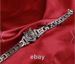 Bracelet de charme homme en métal massif avec tête de loup - Plaqué or blanc 14 carats