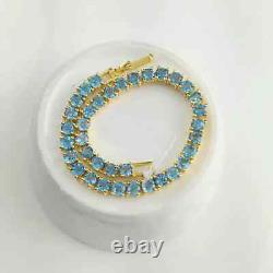 Bracelet de tennis en topaze bleue créée en laboratoire, coupée en rond de 8 carats, plaqué or jaune 14 carats 7,5'