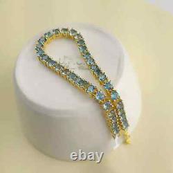 Bracelet de tennis en topaze bleue créée en laboratoire, coupée en rond de 8 carats, plaqué or jaune 14 carats 7,5'