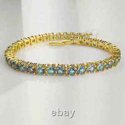 Bracelet de tennis en topaze bleue créée en laboratoire, coupée en rond de 8 carats, plaqué or jaune 14 carats 7,5'