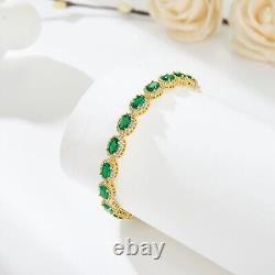 Bracelet de tennis pour femmes en or 14 carats plaqué, émeraude ovale créée et diamants de 20 ctw