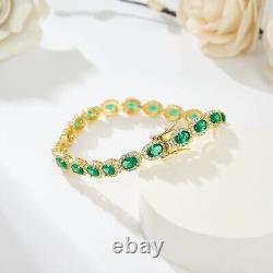 Bracelet de tennis pour femmes en or 14 carats plaqué, émeraude ovale créée et diamants de 20 ctw