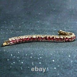 Bracelet pour femme en rubis rouge créé en laboratoire, taille ronde de 7 carats, cadeau plaqué or jaune 14K