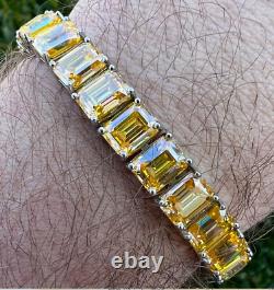 Bracelet pour homme en citrine jaune de coupe émeraude créée en laboratoire, plaqué or blanc 14 carats