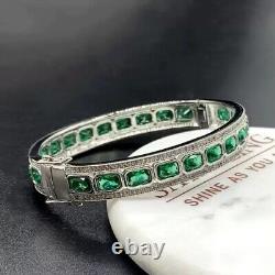 Bracelet rigide Art-déco en émeraude verte et diamant de 12 CTW, plaqué or 14K