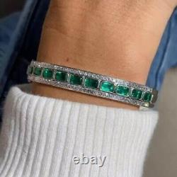 Bracelet rigide Art-déco en émeraude verte et diamant de 12 CTW, plaqué or 14K