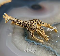 Broche en métal noir émaillé de girafe pour femmes, plaqué or jaune 14 carats sur argent.