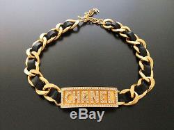 Chanel Vintage, Plaqué Or 18k, Strass En Cuir Et Métal, Collier Ras Du Cou