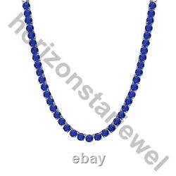 Collier de tennis 5 MM avec 22 Ct de saphir bleu taillé en rond plaqué or blanc 14 carats