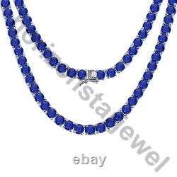 Collier de tennis 5 MM avec 22 Ct de saphir bleu taillé en rond plaqué or blanc 14 carats