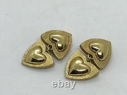 Fab! Vintage Escada Runway Couture Gold Plaqué Drop Heart Clip Sur Boucles D’oreilles