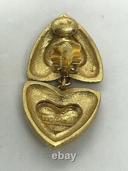 Fab! Vintage Escada Runway Couture Gold Plaqué Drop Heart Clip Sur Boucles D’oreilles