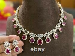 Gold Plated Indian Bollywood Cz Ad Chain Jewelry Necklace Boucles D’oreilles Red Ruby Set
