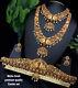 Matt Gold Plaqué Bollywood Indian Bridal Cz Jewelry Necklace Belt Boucles D’oreilles Ensemble