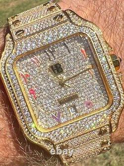 Montre pour homme en acier inoxydable plaquée or 14 carats avec véritables cristaux cubiques et cadran arabe Hip Hop