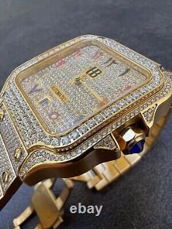 Montre pour homme en acier inoxydable plaquée or 14 carats avec véritables cristaux cubiques et cadran arabe Hip Hop