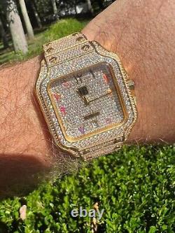 Montre pour homme en acier inoxydable plaquée or 14 carats avec véritables cristaux cubiques et cadran arabe Hip Hop