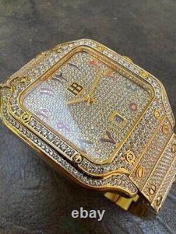 Montre pour homme en acier inoxydable plaquée or 14 carats avec véritables cristaux cubiques et cadran arabe Hip Hop