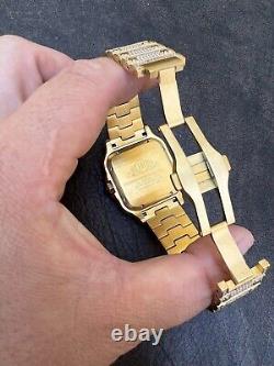 Montre pour homme en acier inoxydable plaquée or 14 carats avec véritables cristaux cubiques et cadran arabe Hip Hop