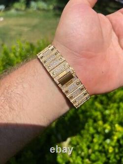 Montre pour homme en acier inoxydable plaquée or 14 carats avec véritables cristaux cubiques et cadran arabe Hip Hop