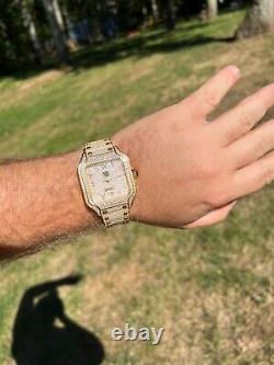 Montre pour homme en acier inoxydable plaquée or 14 carats avec véritables cristaux cubiques et cadran arabe Hip Hop