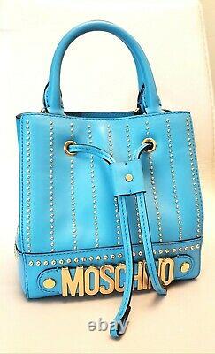 Moschino Bag Stud Cuir Gold Plate Metal Shoulder Crossbody Blue Italy Nouveau
