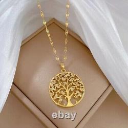 Pendentif Arbre de Vie en Diamant Simulé Taille Ronde Plaqué Or Jaune 14K