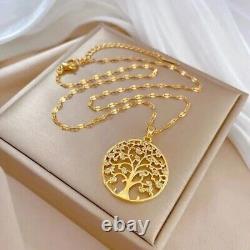 Pendentif Arbre de Vie en Diamant Simulé Taille Ronde Plaqué Or Jaune 14K