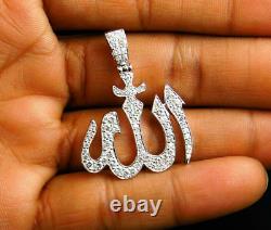 Pendentif Charme Allah pour homme en Moissanite taillée ronde de 1,5 carat, plaqué or blanc 14 carats