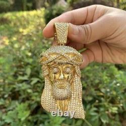 Pendentif Jésus visage coupé rond 3,00 Ct de Moissanite réelle plaqué or jaune 14 carats