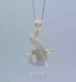 Pendentif charmant de requin en diamant créé en laboratoire de coupe ronde de 2,0 ct plaqué or bicolore 14k