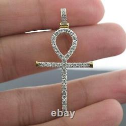 Pendentif croix Ankh unisexe en diamant simulé taillé rond plaqué or jaune 14 carats