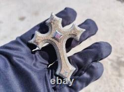 Pendentif croix personnalisé en moissanite véritable de 2,20 Ct, plaqué or bicolore 14K sur argent