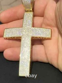 Pendentif croix rond pour homme en moissanite réelle 3.00Ct, plaqué or jaune 14k sur argent